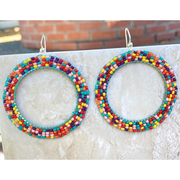 Multicolor Beaded Hoop Earrings - Picture 4 of 4